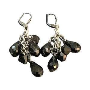 Dangle Earrings Silver Tone Black Beaded Lever Back